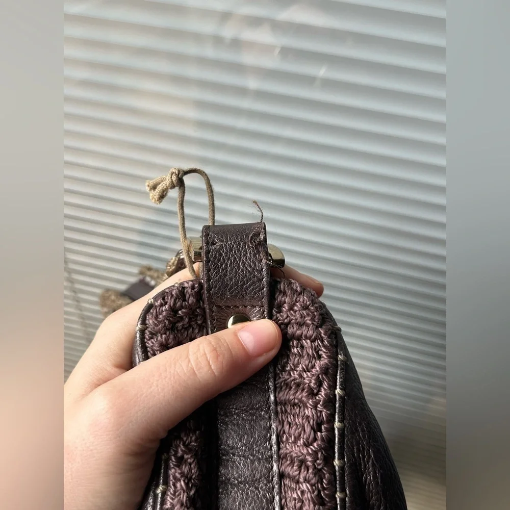 The Sak Metallic Bronze Brown Leather Small Crochet Shoulder Bag Y2K Boho